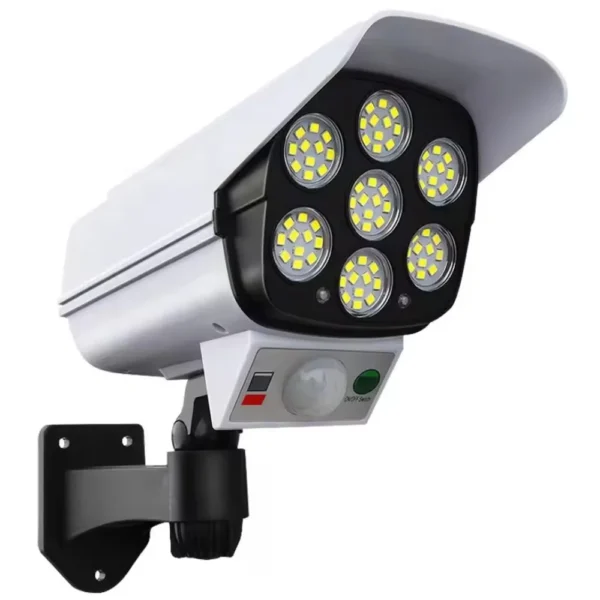 bec lampa cu panou solar incorporat impact visionĀ®, 77led uri, tip camera falsa, rezistenta la apa ip65, cu senzori de miscare si lumina, cu telecomanda, 3 moduri de iluminare, alb Lampa cu panou solar, vedere din fata