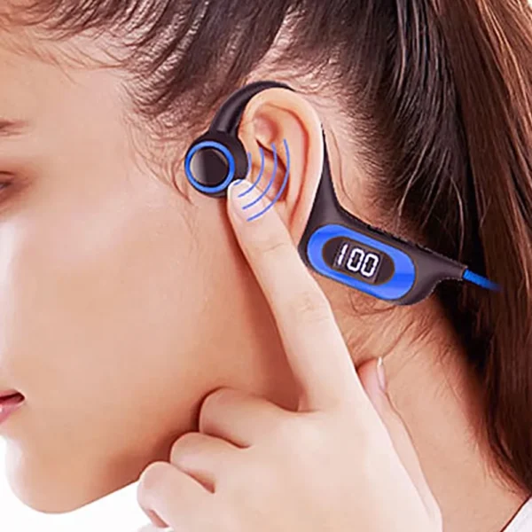 casti sport wireless impact visionĀ® cu conductie osoasa pentru antrenament sala, alergare, ciclism, inot, cu microfon, apeluri handsfree, stereo, pliabile, permite card microusb, 6d surround, bluetooth 5.3, autonomie 30 ore, albastru Exemplificare purtare corecta casti wireless sport