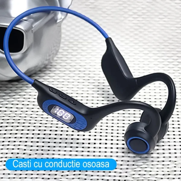 casti sport wireless impact visionĀ® cu conductie osoasa pentru antrenament sala, alergare, ciclism, inot, cu microfon, apeluri handsfree, stereo, pliabile, permite card microusb, 6d surround, bluetooth 5.3, autonomie 30 ore, albastru Vedere casti cu conducere osoasa