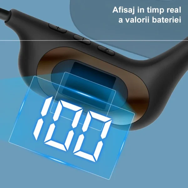 casti sport wireless impact visionĀ® cu conductie osoasa pentru antrenament sala, alergare, ciclism, inot, cu microfon, apeluri handsfree, stereo, pliabile, permite card microusb, 6d surround, bluetooth 5.3, autonomie 30 ore Evidentierea indicatorului de baterie al castilor wireless sport
