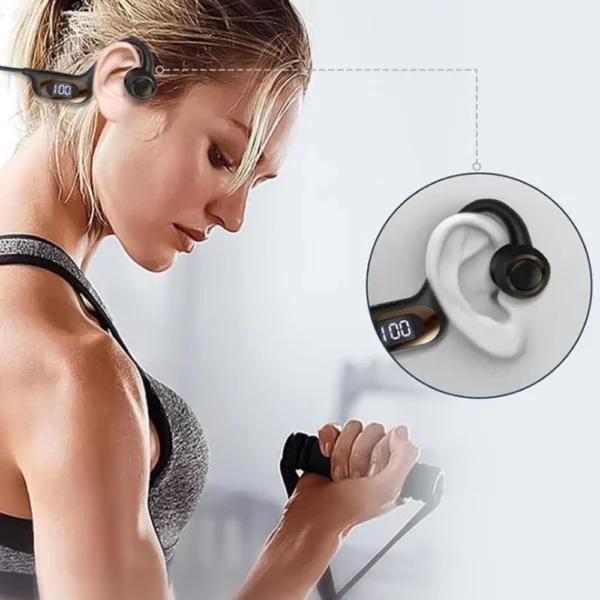 casti sport wireless impact visionĀ® cu conductie osoasa pentru antrenament sala, alergare, ciclism, inot, cu microfon, apeluri handsfree, stereo, pliabile, permite card microusb, 6d surround, bluetooth 5.3, autonomie 30 ore Exemplificare purtare corecta casti wireless sport