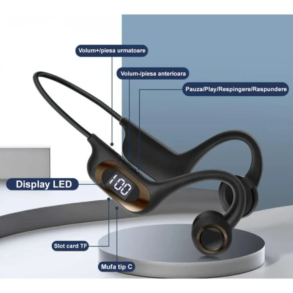 casti sport wireless impact visionĀ® cu conductie osoasa pentru antrenament sala, alergare, ciclism, inot, cu microfon, apeluri handsfree, stereo, pliabile, permite card microusb, 6d surround, bluetooth 5.3, autonomie 30 ore Detalierea caracteristicilor specifice castilor wireless sport