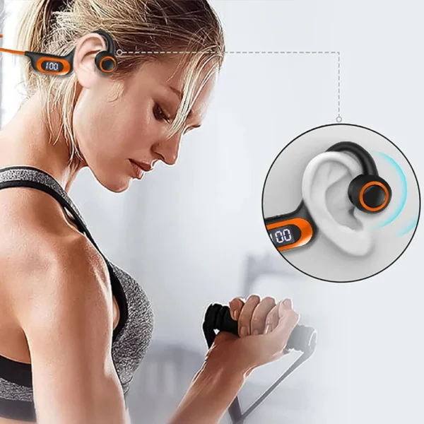 casti sport wireless impact visionĀ® cu conductie osoasa pentru antrenament sala, alergare, ciclism, inot, cu microfon, apeluri handsfree, stereo, pliabile, permite card microusb, 6d surround, bluetooth 5.3, autonomie 30 ore, portocaliu Exemplu purtare corecta casti wireless sport portocaliu