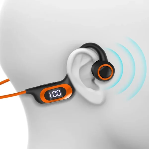 casti sport wireless impact visionĀ® cu conductie osoasa pentru antrenament sala, alergare, ciclism, inot, cu microfon, apeluri handsfree, stereo, pliabile, permite card microusb, 6d surround, bluetooth 5.3, autonomie 30 ore, portocaliu Exemplu purtare casti wireless sport