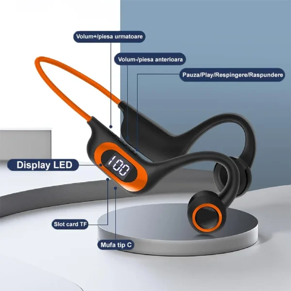casti sport wireless impact visionĀ® cu conductie osoasa pentru antrenament sala, alergare, ciclism, inot, cu microfon, apeluri handsfree, stereo, pliabile, permite card microusb, 6d surround, bluetooth 5.3, autonomie 30 ore, portocaliu Detalierea caracteristicilor specifice castilor wireless sport