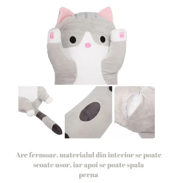 jucarie de plus pisica, tip perna, umplutura hipoalergenica, 50 cm, culoare gri, impact visionĀ® PernÄ decorativÄ Ć®n formÄ de cap de pisicÄ