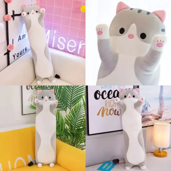 jucarie de plus pisica, tip perna, umplutura hipoalergenica, 50 cm, culoare gri, impact visionĀ® Perne decorative Ć®n formÄ de pisici colorate