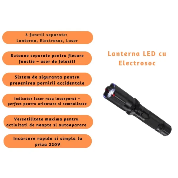 lanterna led cu electrosoc si laser, sistem autoaparare, negru, impact vision® Lanternă LED cu electrosoc și funcție laser