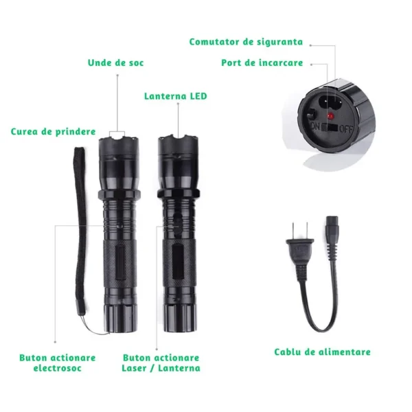 lanterna led cu electrosoc si laser, sistem autoaparare, negru, impact vision® Lanterne tactice cu funcții multiple și cablu de alimentare.