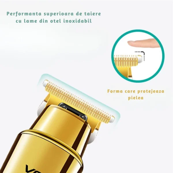 masina de tuns profesionala vgr 947, 2000 mah, 3 piepteni de ghidare, incarcare usb, autonomie 500 min, auriu Mașină de tuns aurie cu lame din oțel inoxidabil