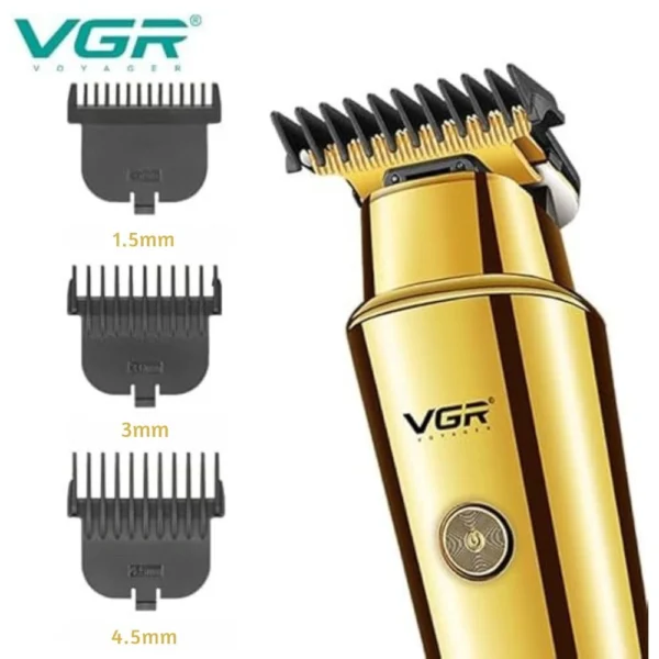 masina de tuns profesionala vgr 947, 2000 mah, 3 piepteni de ghidare, incarcare usb, autonomie 500 min, auriu Mașină de tuns VGR aurie cu accesorii