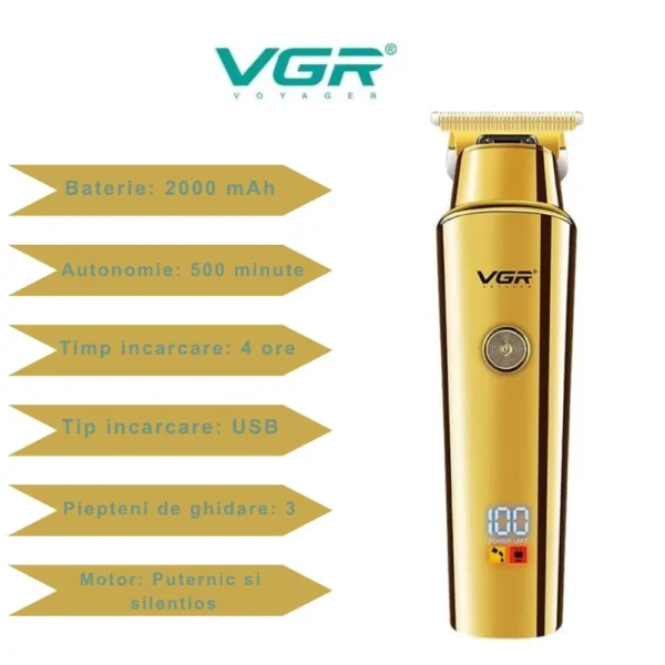 masina de tuns profesionala vgr 947, 2000 mah, 3 piepteni de ghidare, incarcare usb, autonomie 500 min, auriu Mașină de tuns VGR aurie cu specificații tehnice