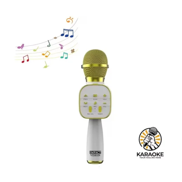 microfon wireless karaoke pentru copii impact vision®, cu acumulator, boxa inclusa, radio fm, tf card, usb, inregistrare muzica, culoare gold Microfon karaoke aurit cu note muzicale colorate