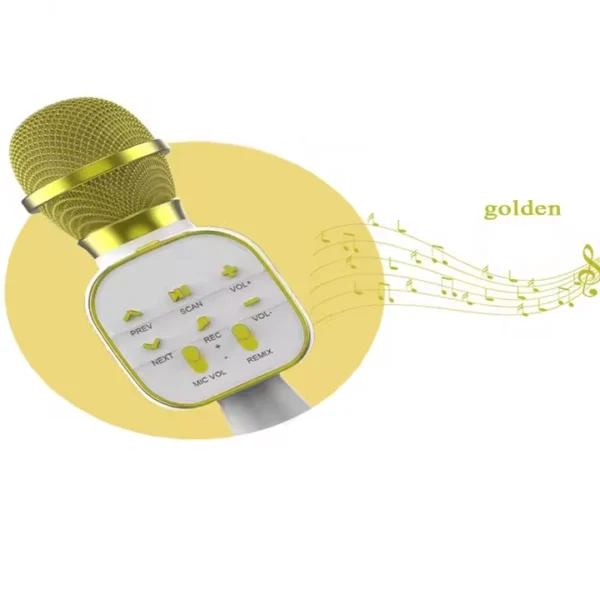 microfon wireless karaoke pentru copii impact vision®, cu acumulator, boxa inclusa, radio fm, tf card, usb, inregistrare muzica, culoare gold Microfon auriu cu note muzicale