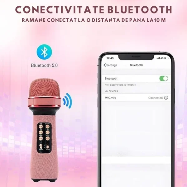 microfon wireless karaoke pentru copii, cu acumulator, boxa inclusa, radio fm, tf card, usb, inregistrare muzica, roz impact visionĀ® Exemplu de utilizare a functiei Bluetooth a microfonului wireless karaoke