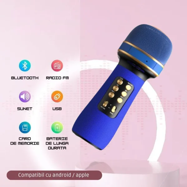 microfon wireless karaoke pentru copii, cu acumulator, boxa inclusa, radio fm, tf card, usb, inregistrare muzica, albastru impact visionĀ® Caracteristici esentiale microfon wireless karaoke albastru