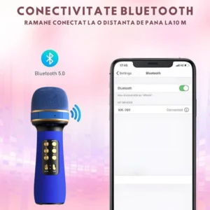 Conectivitate bluetooth microfon wireless karaoke albastru