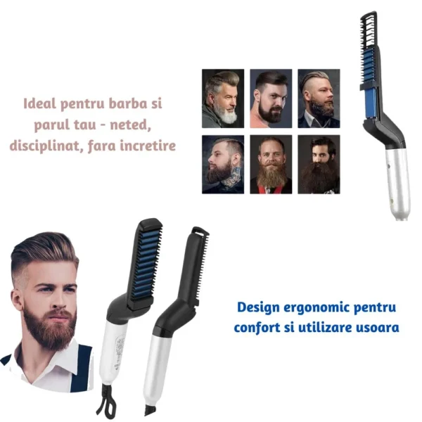placa pentru indreptat barba si parul, 2in1, cu incalzire rapida, negru, impact vision® Perie electrică pentru barbă și păr cu modele masculine