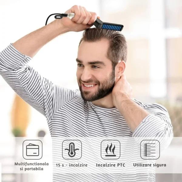 placa pentru indreptat barba si parul, 2in1, cu incalzire rapida, negru, impact vision® Bărbat folosind un pieptene electric pentru păr