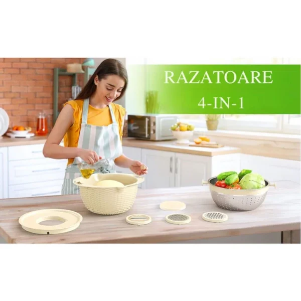 razatoare de bucatarie multifunctionala 4 in 1, bol pentru amestecare, 4 piese, bej, impact vision® Femeie pregătind mâncare cu răzătoare 4-în-1