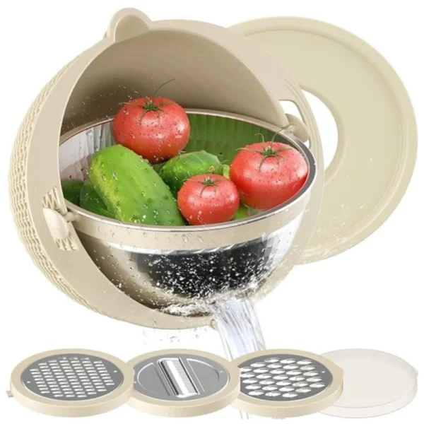 razatoare de bucatarie multifunctionala 4 in 1, bol pentru amestecare, 4 piese, bej, impact vision® Roșii și castraveți în sită multifuncțională