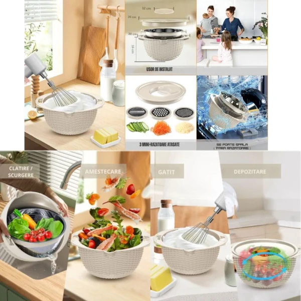 razatoare de bucatarie multifunctionala 4 in 1, bol pentru amestecare, 4 piese, bej, impact vision® Sita multifuncțională pentru bucătărie, cu accesorii și utilizări diverse