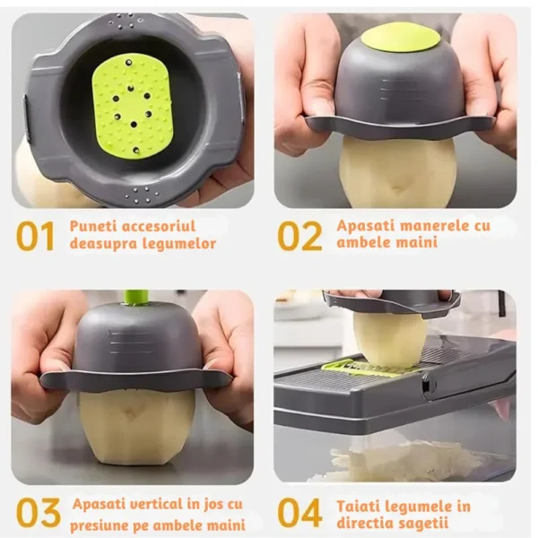 razatoare multifunctionala 14 piese pentru legume, fructi si branzeturi, gri/verde, impact vision® Demonstrație folosire dispozitiv de tăiat legume