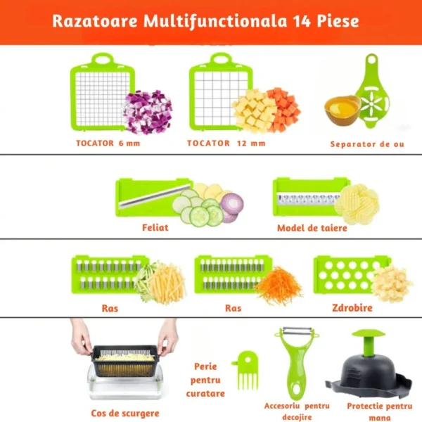 razatoare multifunctionala 14 piese pentru legume, fructi si branzeturi, gri/verde, impact vision® Set răzătoare multifuncțională cu 14 piese pentru bucătărie