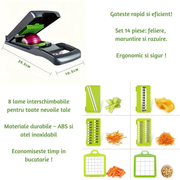 razatoare multifunctionala 14 piese pentru legume, fructi si branzeturi, gri/verde, impact vision® Feliator multifuncțional cu lame interschimbabile pentru bucătărie