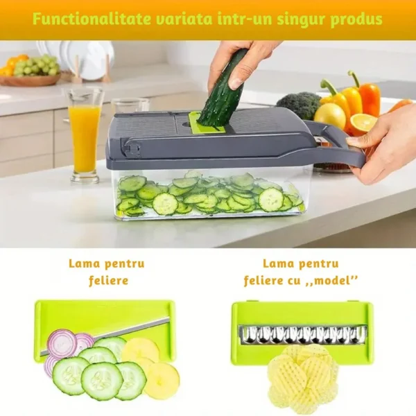 razatoare multifunctionala 14 piese pentru legume, fructi si branzeturi, gri/verde, impact vision® Femeie folosind mandolină multifuncțională pentru feliere castraveți