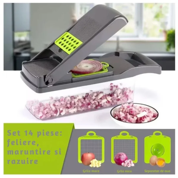 razatoare multifunctionala 14 piese pentru legume, fructi si branzeturi, gri/verde, impact vision® Aparat bucătărie multifuncțional cu accesorii diverse