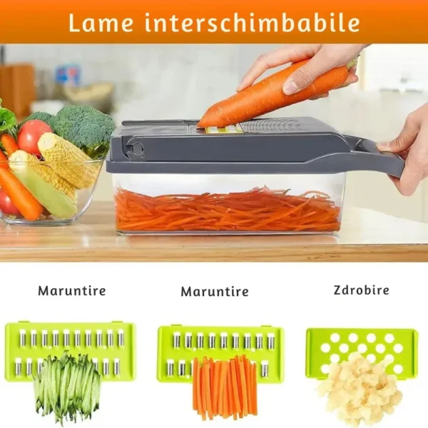 razatoare multifunctionala 14 piese pentru legume, fructi si branzeturi, gri/verde, impact vision® Razătoare multifuncțională cu lame interschimbabile