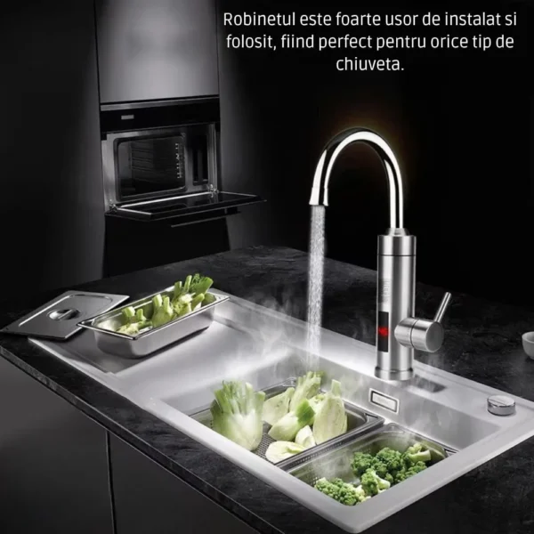 robinet electric cu incalzire instantanee a apei, afisaj lcd al temperaturii, montare chiuveta, rotire 360°, inox, argintiu, impact vision® Exemplificare robinet electric instalat