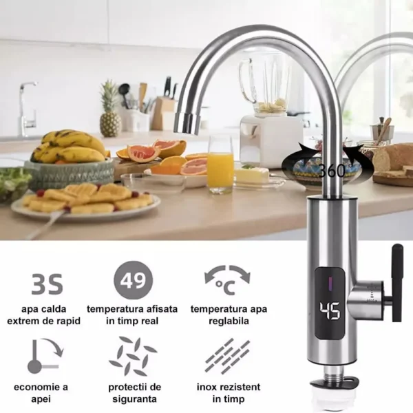 robinet electric cu incalzire instantanee a apei, afisaj lcd al temperaturii, montare chiuveta, rotire 360°, inox, argintiu, impact vision® Specificatii robinet electric