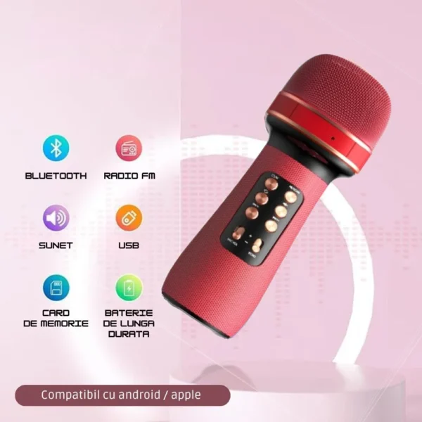 microfon wireless karaoke pentru copii, cu acumulator, boxa inclusa, radio fm, tf card, usb, inregistrare muzica, rosu impact visionĀ® Caracteristici importante microfon karaoke wireless