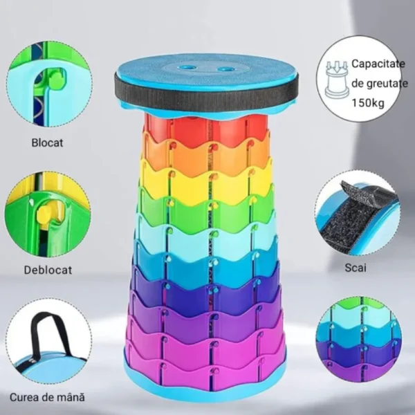 scaun telescopic pliabil impact visionĀ® pentru camping si pescuit, extensibil cu pliere telescopica, multicolor Puncte cheie scaun telescopic pliabil multicolor