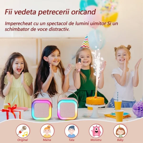 set boxa karaoke 4 Exemplu de utilizare a setului boxa karaoke cu 2 microfoane la o aniversare in timp ce se specifica si detalii despre modificatorul de voce