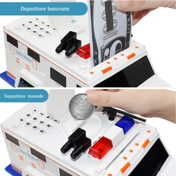 pusculita masina blindata cu baterii, sunete si lumini – alb, impact vision® Camion-jucărie pentru depozitare bancnote și monede