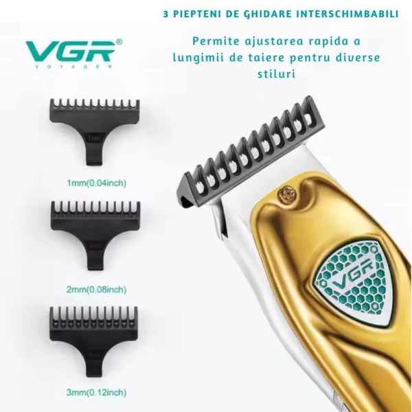 masina de tuns profesionala vgr v 911, 3 piepteni de ghidare, incarcare usb, autonomie 180 min, auriu, impact vision® Mașină de tuns VGR aurie cu piepteni interșimbabili