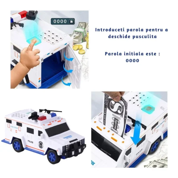 pusculita masina blindata cu baterii, sunete si lumini – alb, impact vision® Copil folosește jucărie camion bancomat electronic