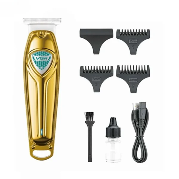 masina de tuns profesionala vgr v 911, 3 piepteni de ghidare, incarcare usb, autonomie 180 min, auriu, impact vision® Mașină de tuns aurie cu accesorii multiple