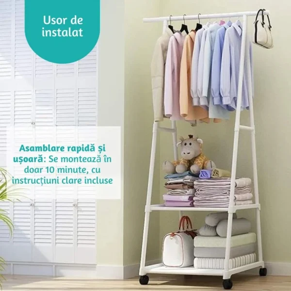 suport pentru haine si umerase in forma de triunghi cu 2 rafturi inferioare, impact vision® Suport haine mobil cu jucărie și haine colorate