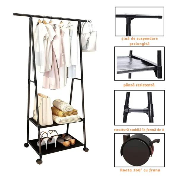 suport pentru haine si umerase in forma de triunghi cu 2 rafturi inferioare, negru, impact vision® suport pentru haine si umerase in forma de triunghi cu 2 rafturi inferioare, negru, impact vision®