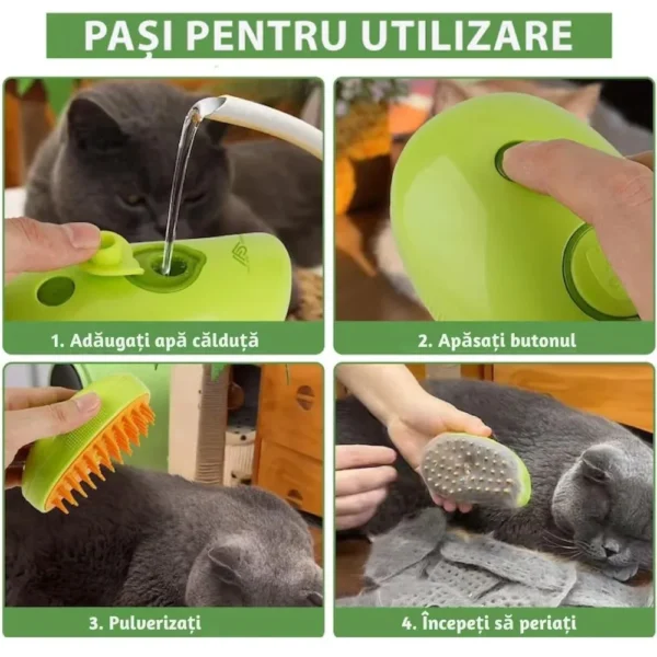 perie pentru curatarea parului de pisici, caini sau alte animale de companie, 3 in 1 multifunctionala, cu aburi, pulverizare si dozator incorporat, reincarcabila prin usb, verde , impact vision® Instrucțiuni utilizare dispozitiv îngrijire pisici