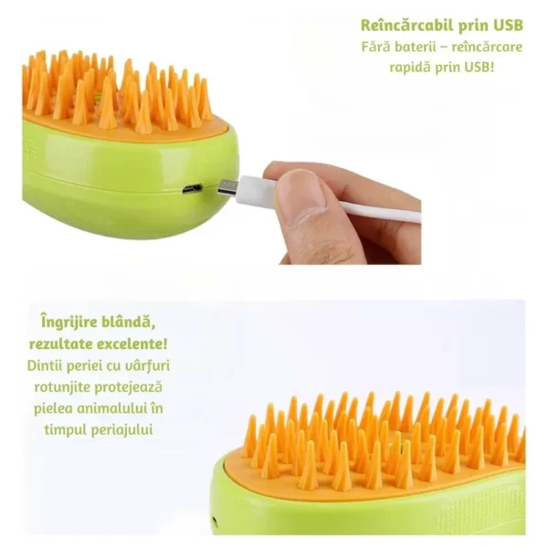 perie pentru curatarea parului de pisici, caini sau alte animale de companie, 3 in 1 multifunctionala, cu aburi, pulverizare si dozator incorporat, reincarcabila prin usb, verde , impact vision® Perie animal de companie reîncărcabilă prin USB verde