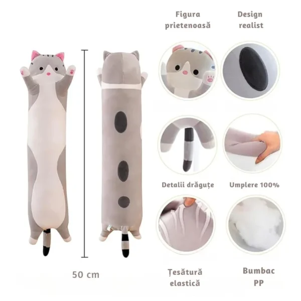 jucarie de plus pisica, tip perna, umplutura hipoalergenica, 50 cm, culoare gri, impact visionĀ® PernÄ lungÄ cu design pisicÄ, detalii drÄguČe, bumbac PP