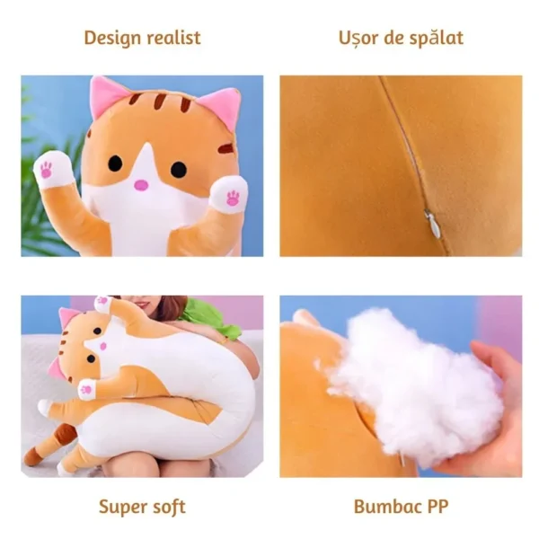 jucarie de plus pisica, tip perna, umplutura hipoalergenica, 50 cm, culoare bej, impact vision® Pernă pisică jucăușă, fermoar, umplutură moale, bumbac PP