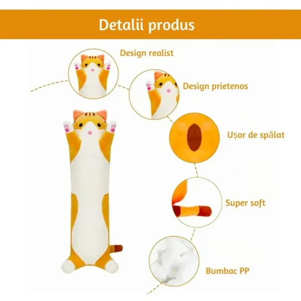 jucarie de plus pisica, tip perna, umplutura hipoalergenica, 50 cm, culoare bej, impact vision® Jucărie pisică lungă, moale, din bumbac