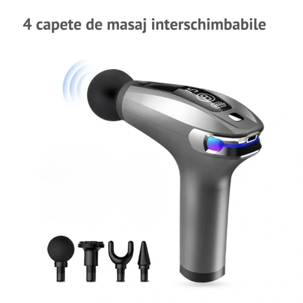aparat pentru masaj profesional tip pistol, 8 viteze, 4 capete interschimbabile, masaj muscular, anticelulitic, 3200 percutii/minut, portabil, silentios, gri, impact vision® aparat pentru masaj profesional tip pistol, 8 viteze, 4 capete interschimbabile, masaj muscular, anticelulitic, 3200 percutii/minut, portabil, silentios, gri, impact vision®