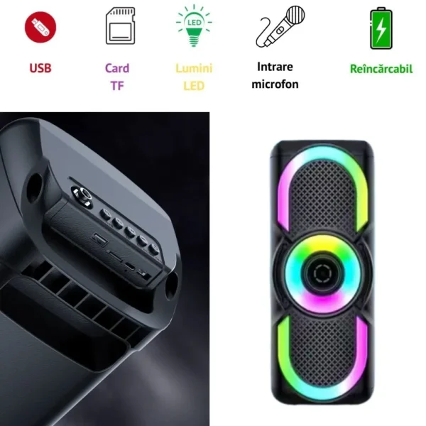 boxa portabila cu usb, bluetooth, lumini led rgb, 10 w, tf, aux, baterie reincarcabila negru, impact vision® boxa portabila cu usb, bluetooth, lumini led rgb, 10 w, tf, aux, baterie reincarcabila negru, impact vision®